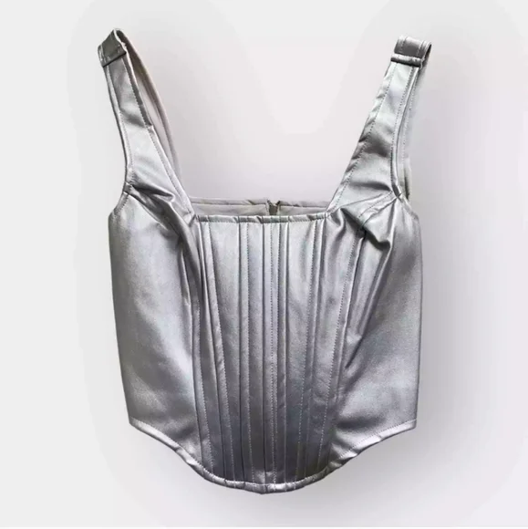 NWOT Japna Metallic Silver Zip Up Corset Faux Leather Crop Bustier Sz S - Picture 9 of 12